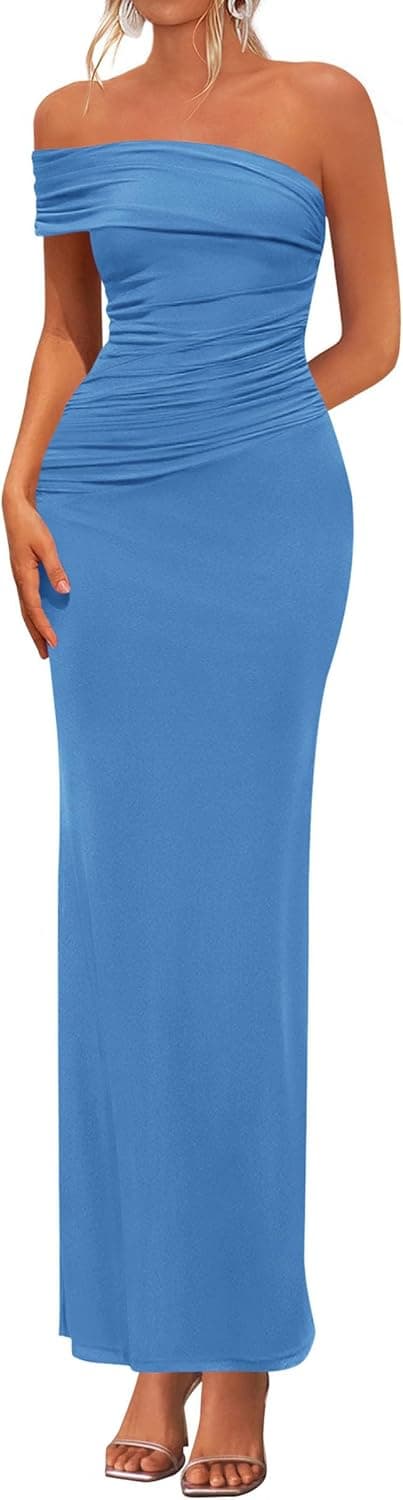Women's 2026 Wedding Guest Cocktail Dresses One Off the Shoulder Ruched Bodycon Formal Maxi Party Summer Outfits