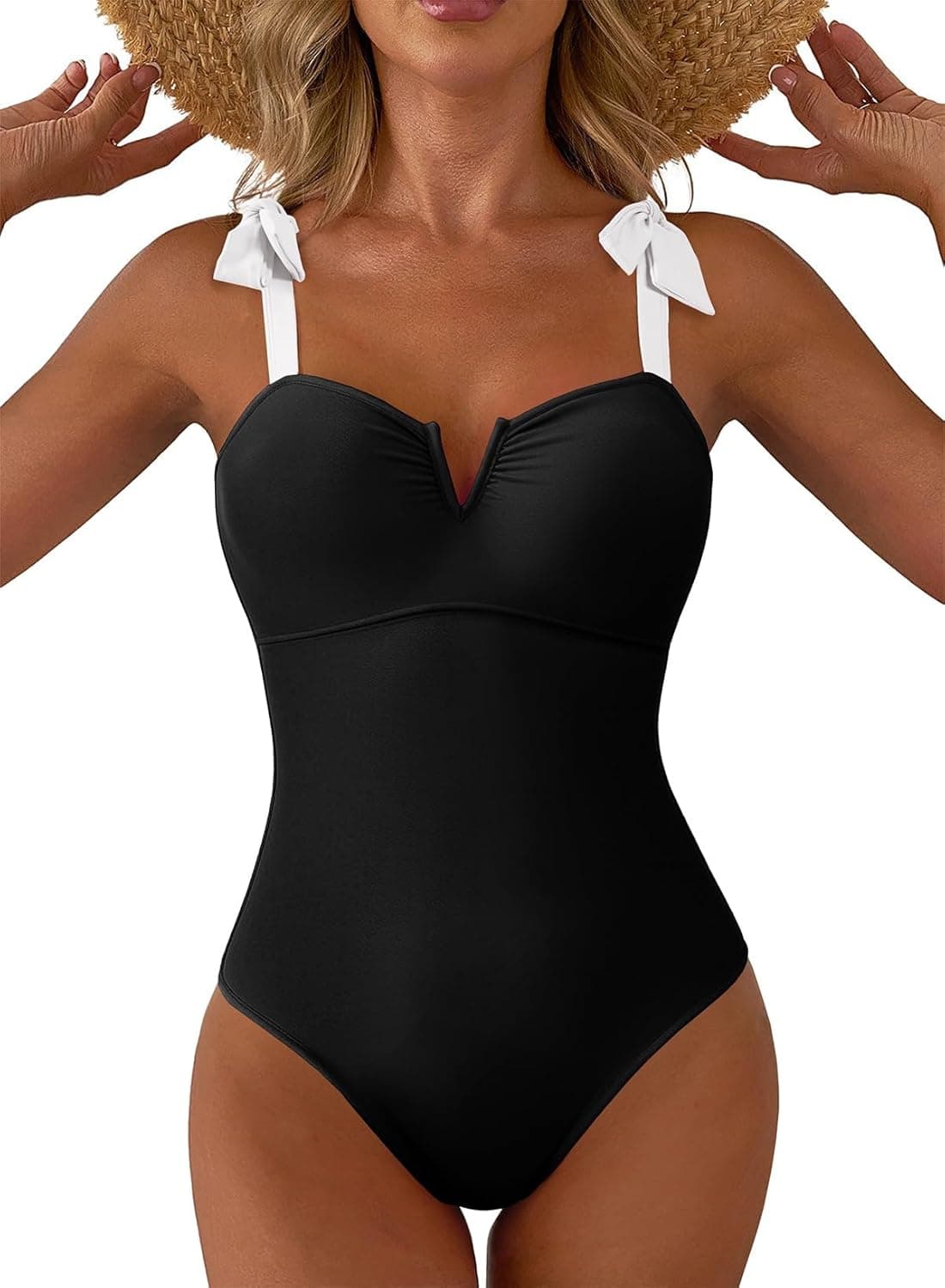 Aleumdr Women's One Piece Swimsuits Tummy Control Bathing Suits V Neck Boho Tie Shoulder Ruched Full Coverage Swimwear