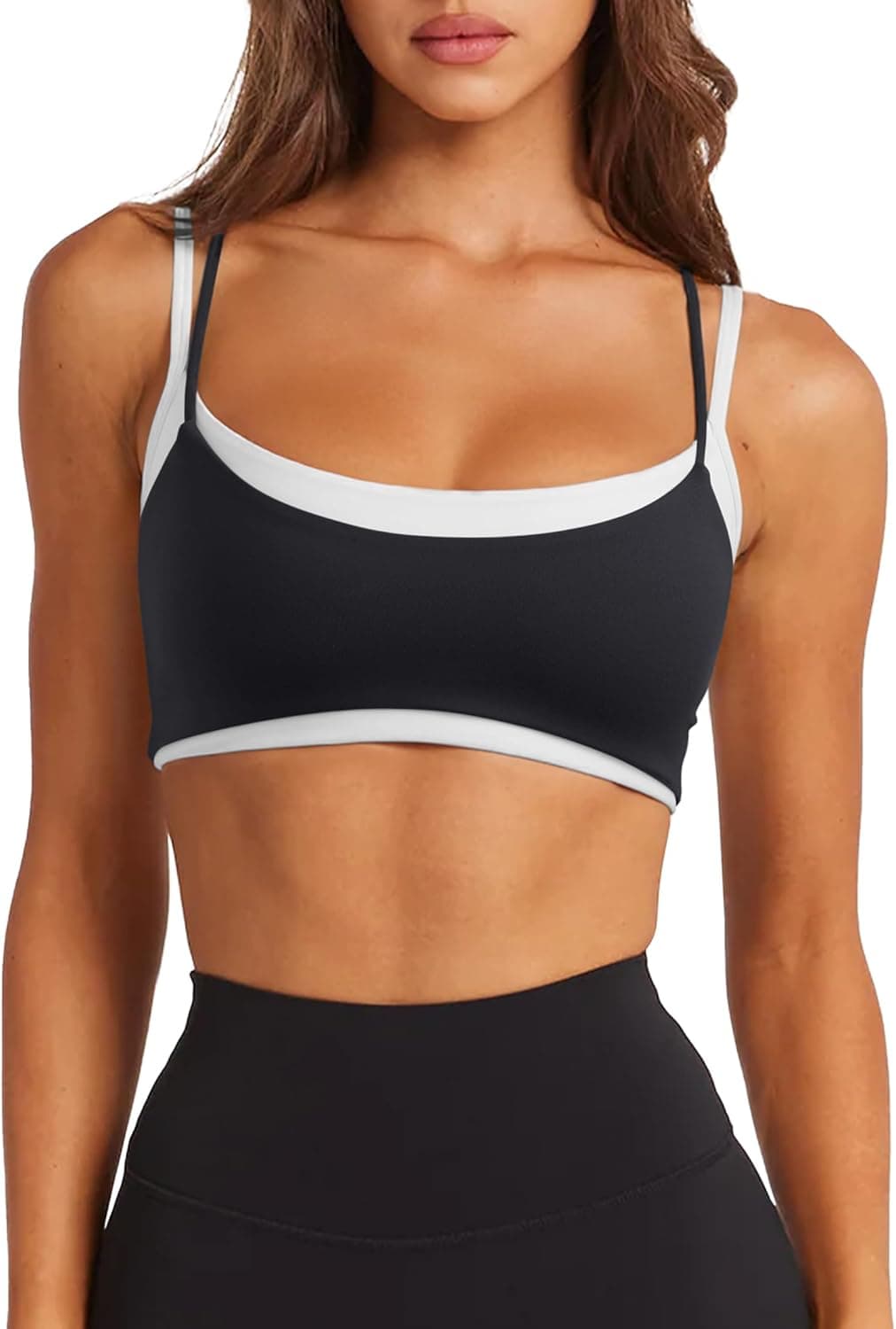 LASLULU Womens Double Layered Sports Bra Adjustable Spaghetti Straps Sexy Scoop Neck Wireless Padded Workout Yoga Crop Tops