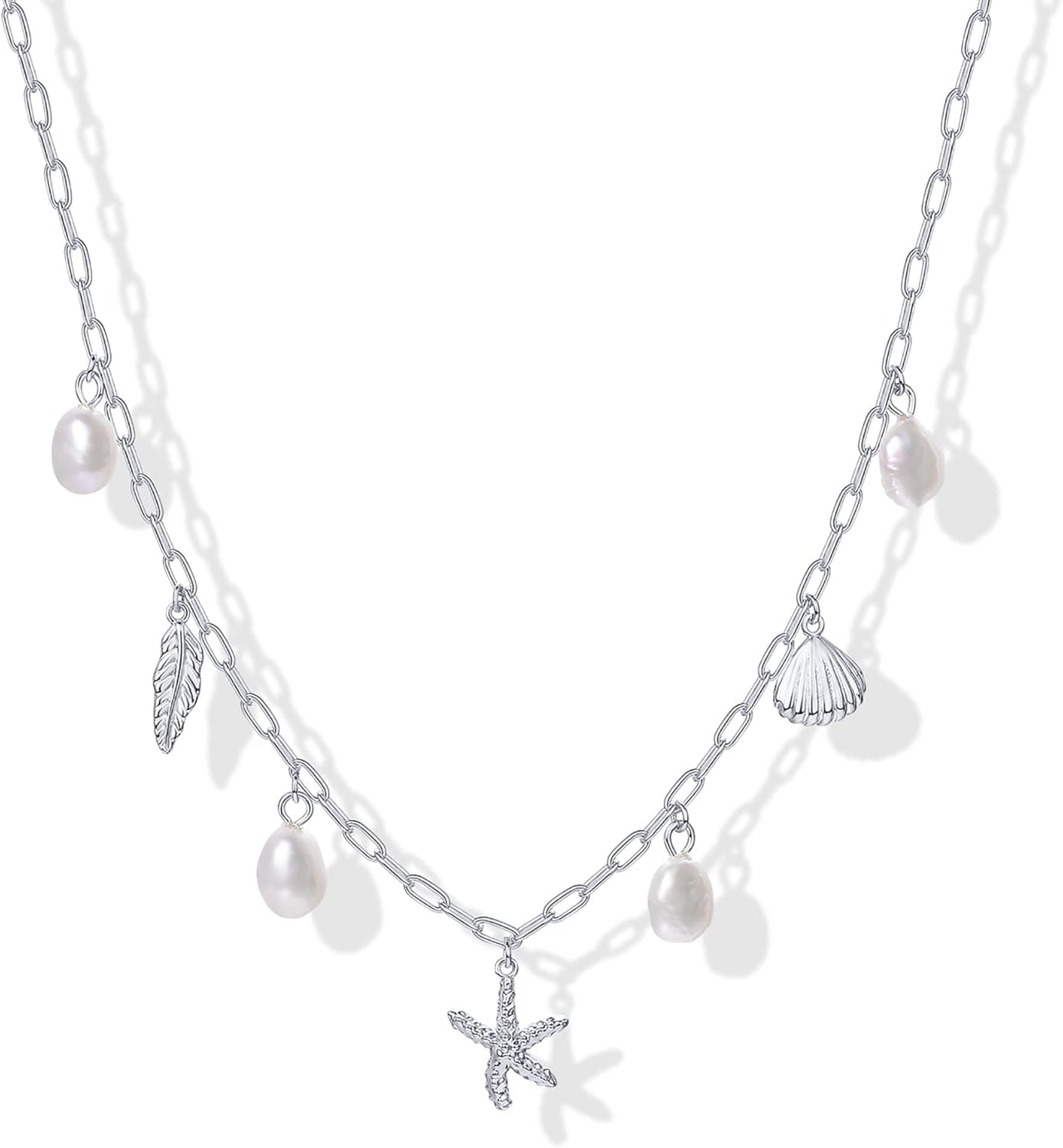 PAVOI 14K Gold Plated Beach Charm Necklace for Women - Dainty Paperclip Chain Trendy Beachy Multi Charm Necklace - Gold Ocean Summer Jewelry with Freshwater Pearl, Sea Shell, Starfish