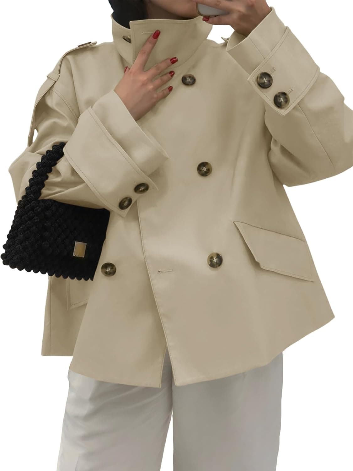 Womens Cropped Trench Coat Oversized Double Breasted Stand Collar Short Jacket Fall Casual Work Outerwear