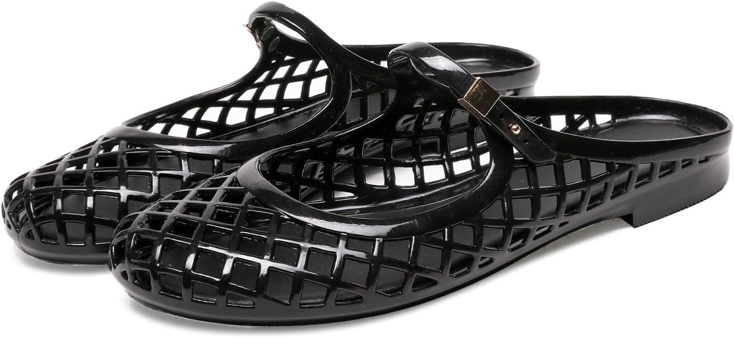 Clear Jelly Slide Sandals for Women Slip On Closed Round Toe Mesh Hollow Flat Mary Jane Mules Beach Jellies Comfortable Buckle Strap Slippers Shoes