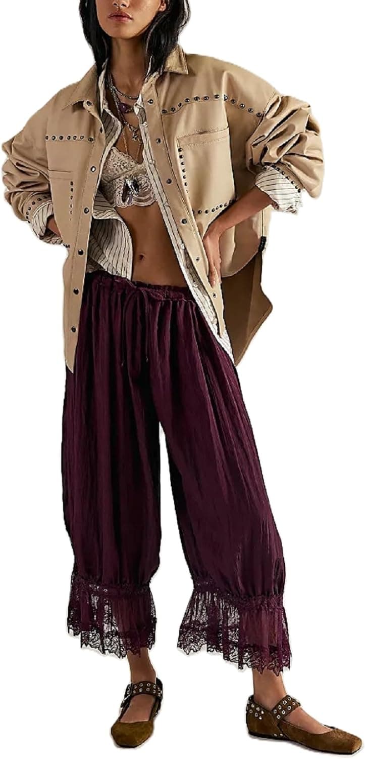Women Ruffle Long Bloomer Mid Rise Lace Trim Pettipants Pantaloons Patchwork Casual Loose Cropped Slips Pants Pajama