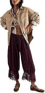 Women Ruffle Long Bloomer Mid Rise Lace Trim Pettipants Pantaloons Patchwork Casual Loose Cropped Slips Pants Pajama