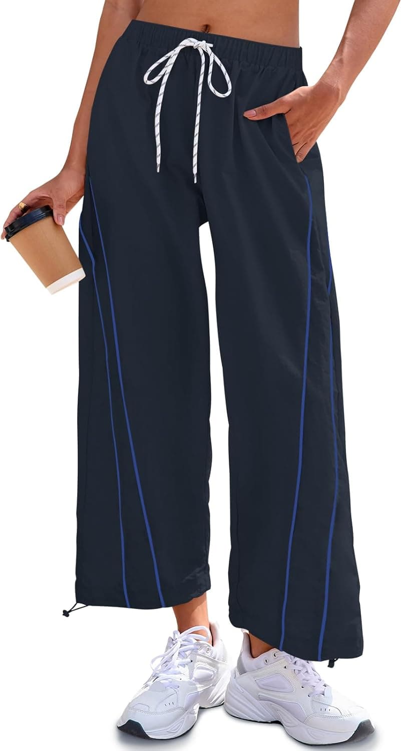 Fisoew Womens Baggy Wide Leg Pants Casual Elastic Waist Drawstring Hiking Workout Cropped Pants with Pockets