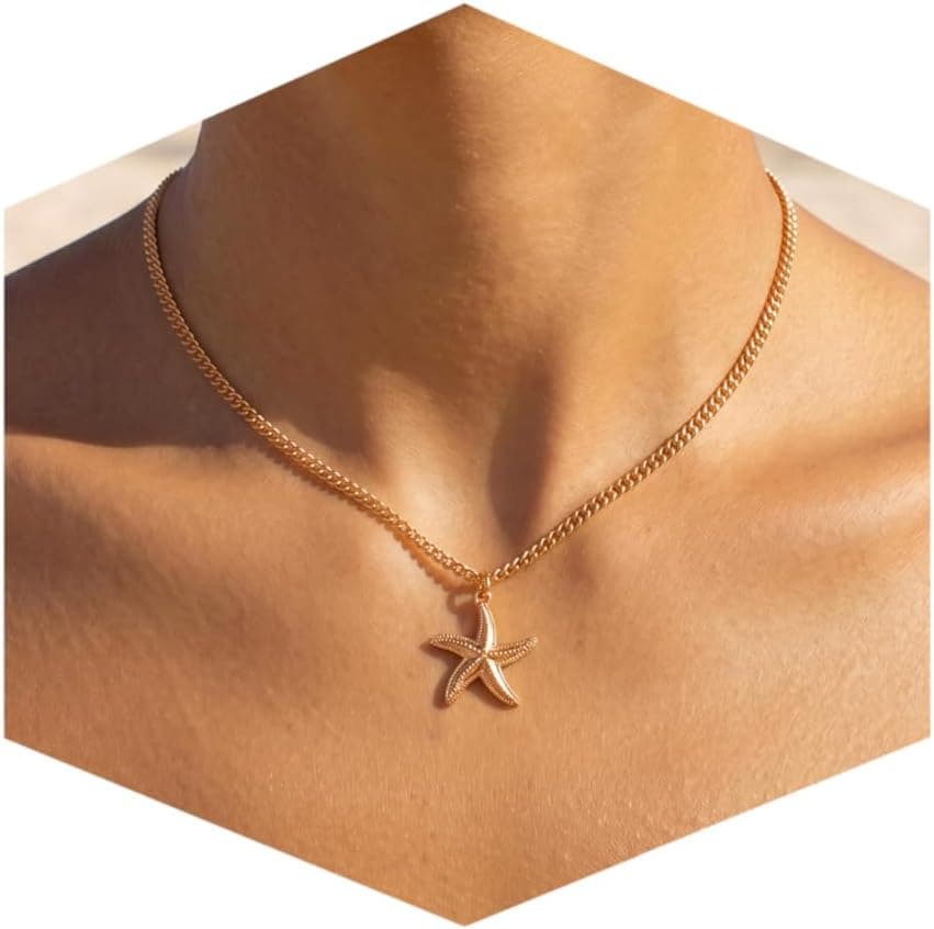 Shell Starfish Necklace for Women, 14k Gold Plated Boho Layered Beaded Charm Pendant Necklace, Dainty Adjustable Pearl Conch Summer Beach Vacation Jewelry Gifts