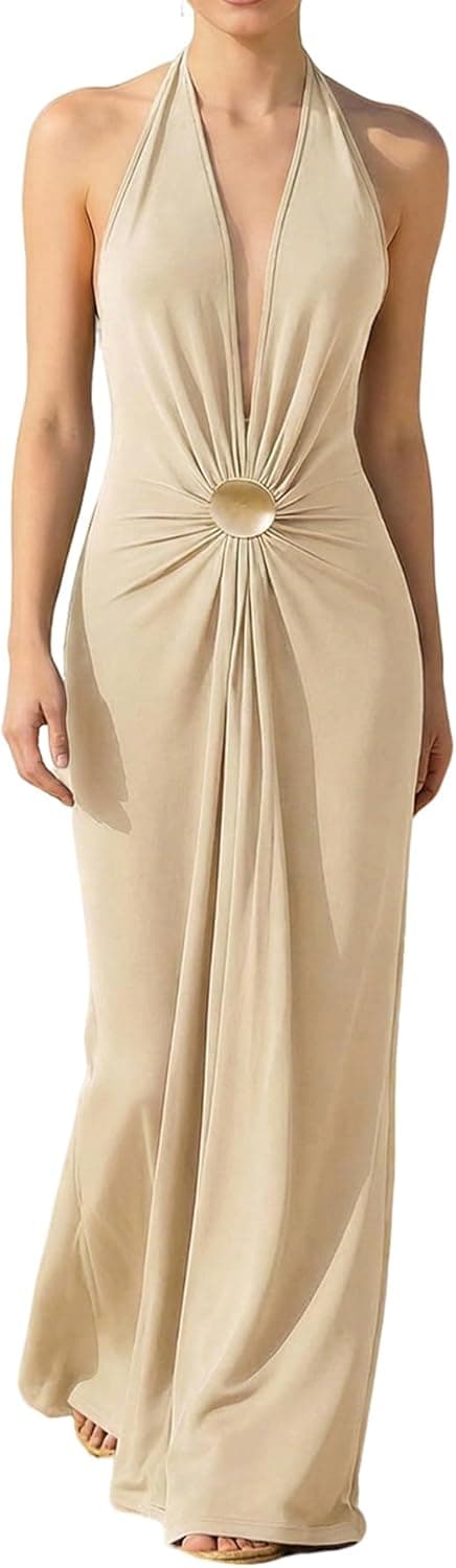OYOANGLE Women's Deep V Neck Sleeveless Halter Maxi Dress Summer Backless Party Beach Vacation Wedding Guest Dress