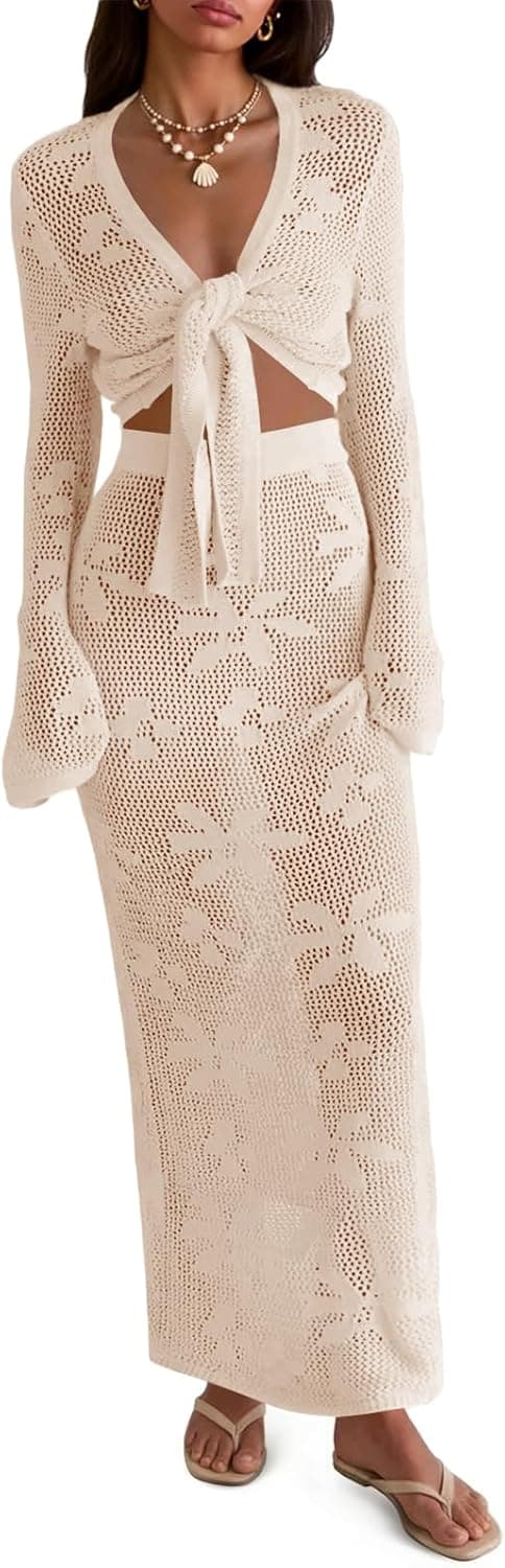 Womens Crochet Swim Cover Up 2 Piece V Neck Long Sleeve Wrap Tie Crop Tops Beach Boho Maxi Coverup Set
