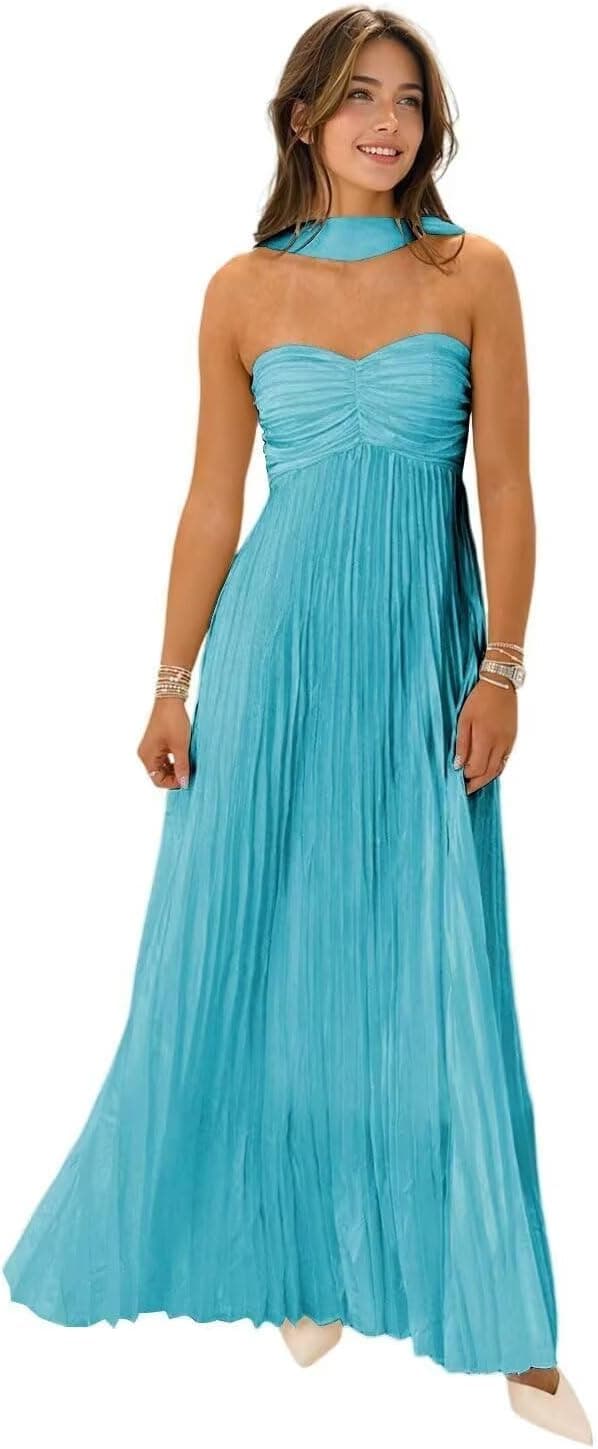 Women's Strapless Chiffon Bridesmaid Dresses with Scarf Long A-Line Pleated Formal Evening Dress WA096