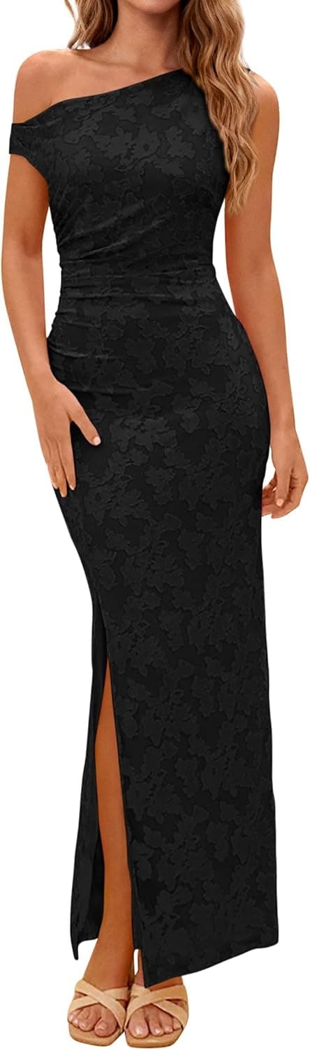 PRETTYGARDEN Womens Floral One Shoulder Maxi Dress 2026 Summer Spring Bodycon Ruched Side Slit Elegant Cocktail Party Dresses