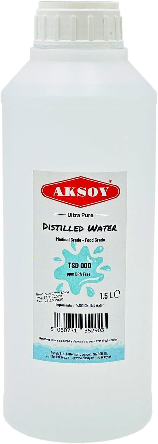 Aksoy Distilled Water - 100% Ultra Pure Water 1.5L - Deionized & Demineralized - TDS 000 ppm Guaranteed - For Batteries, Irons, Aquariums