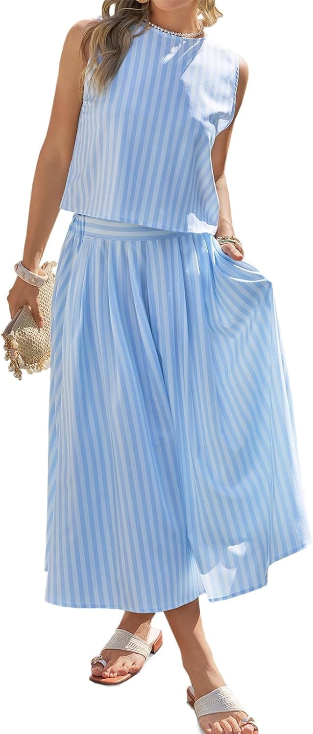Womens 2 Piece Skirt Sets Summer Striped Sleeveless Tank Tops Midi Dress Travel Vacation Outfits Matching Sets