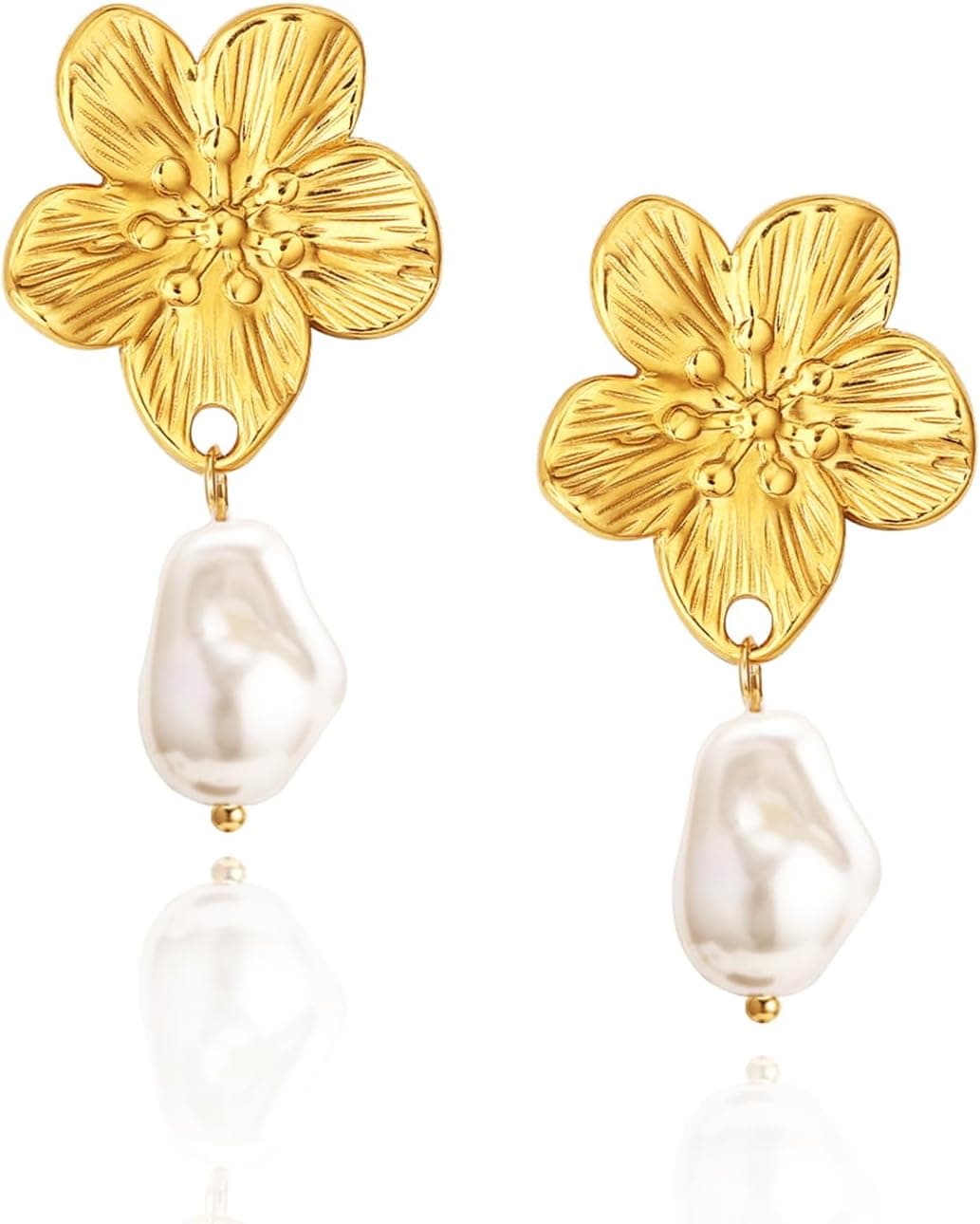 Vintage Pearl Earrings Chunky 14K Gold Plated Pearl Earrings for Women Oval Stud Non Tarnish
