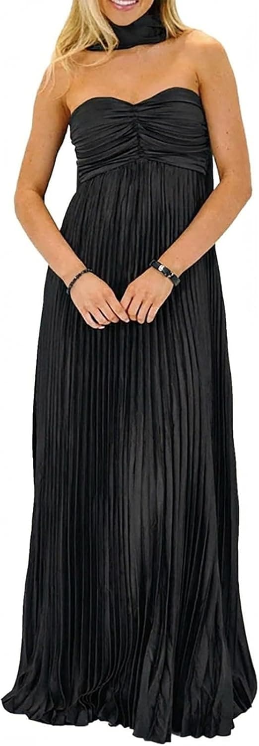 Women Bridesmaid Dresses with Scarf Strapless Pleated Flowy Solid Long Formal Wedding Guest Dress Womens Fall Dresses