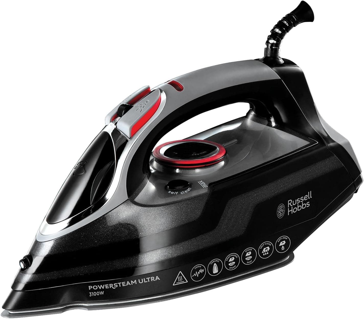 Russell Hobbs Steam Iron [3100W, 210 g/min extra steam boost, 70 g/min steam] Power Steam (350ml, ceramic soleplate, self-cleaning & spray
