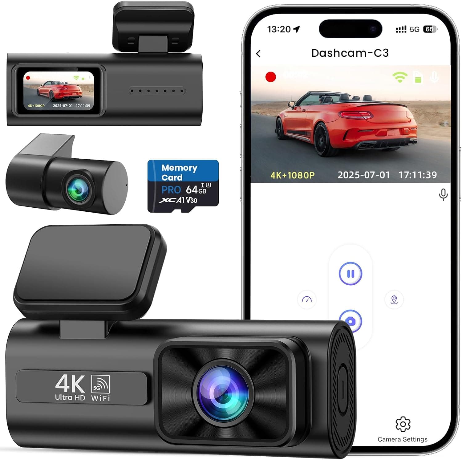 Dash Cam Front and Rear 4K+1080P, 5GHz WiFi, Dual Dashcam with 64GB Card, App Control, 1.47" IPS Screen, 24H Parking Mode, Night Vision