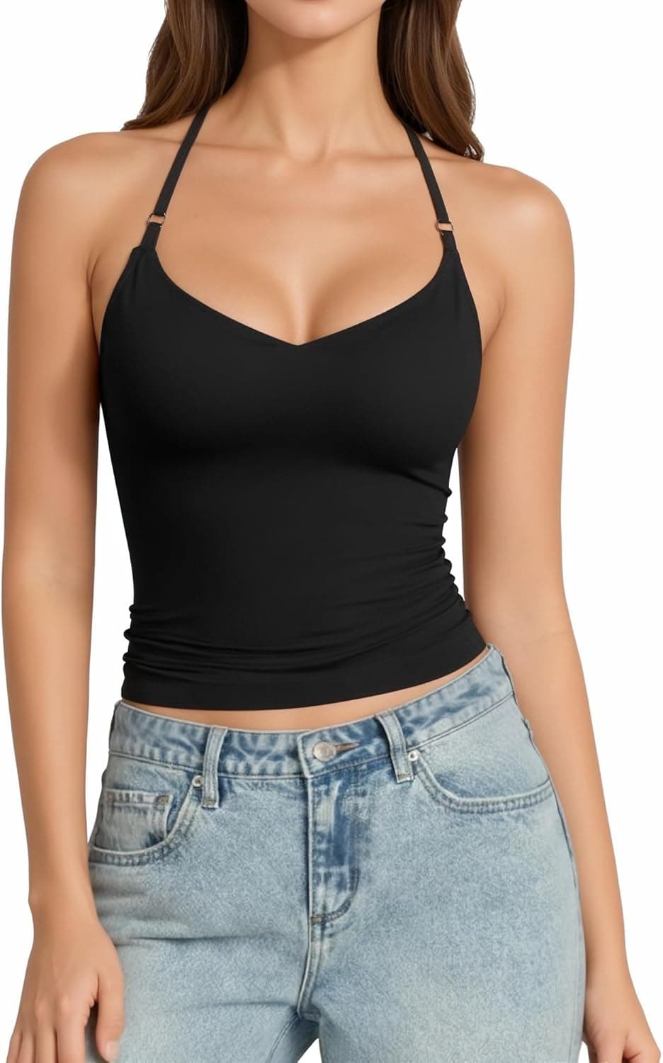 Women Sexy Adjustable Halter V Neck Tank Top Backless Double Lined Cami Slim Basic Going Out 2026 Summer Trendy