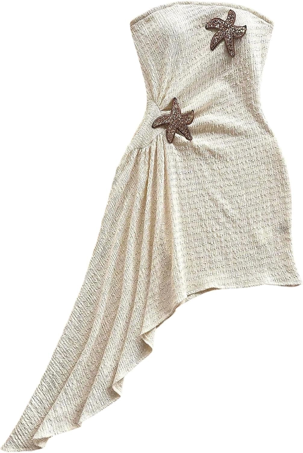 Women's Summer Sundress Metal Starfish Asymmetrical Hem Tube Beach Vacation Clothes