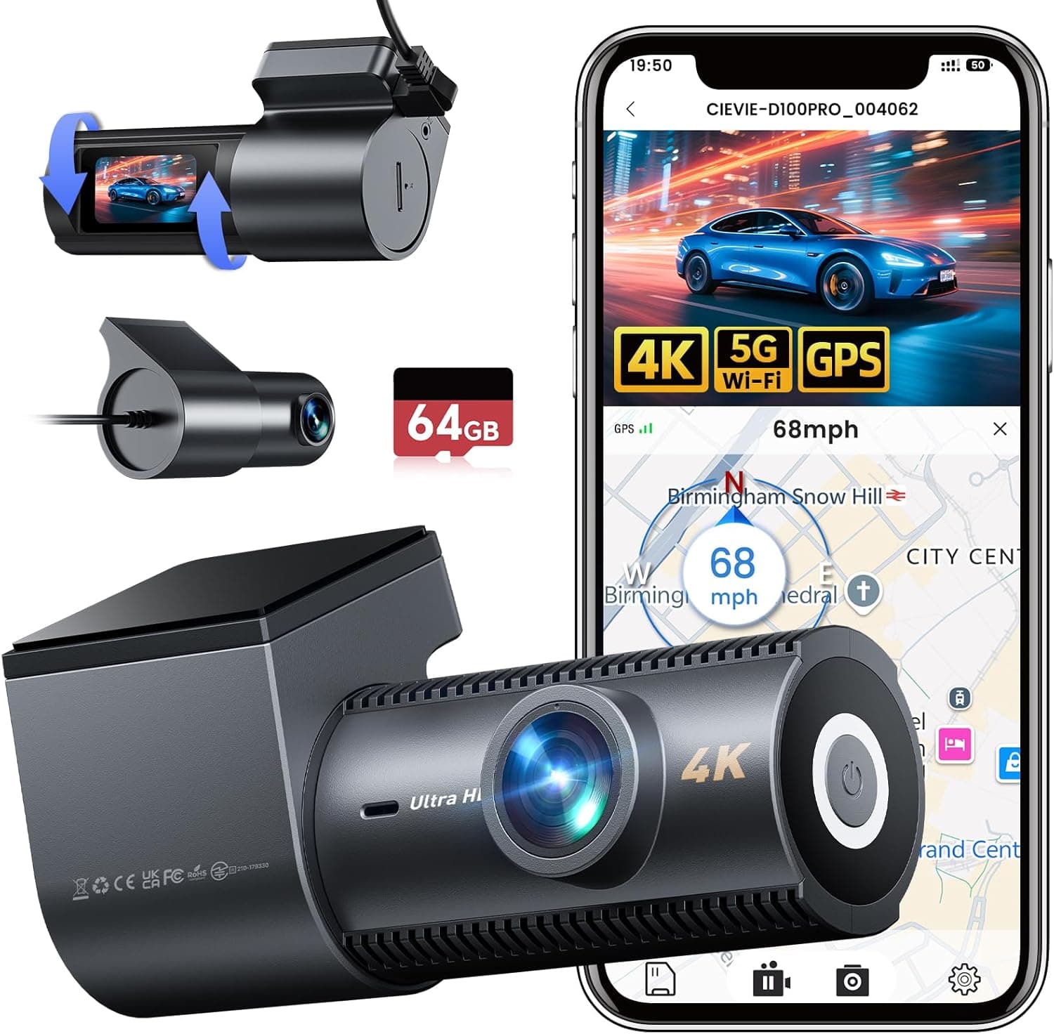 4K Dash Cam Front and Rear, 5GHz WiFi Dashcam with GPS, 64GB SD Card, 1.5" IPS Screen Car Camera with 24H Parking Mode, WDR, Night Vision