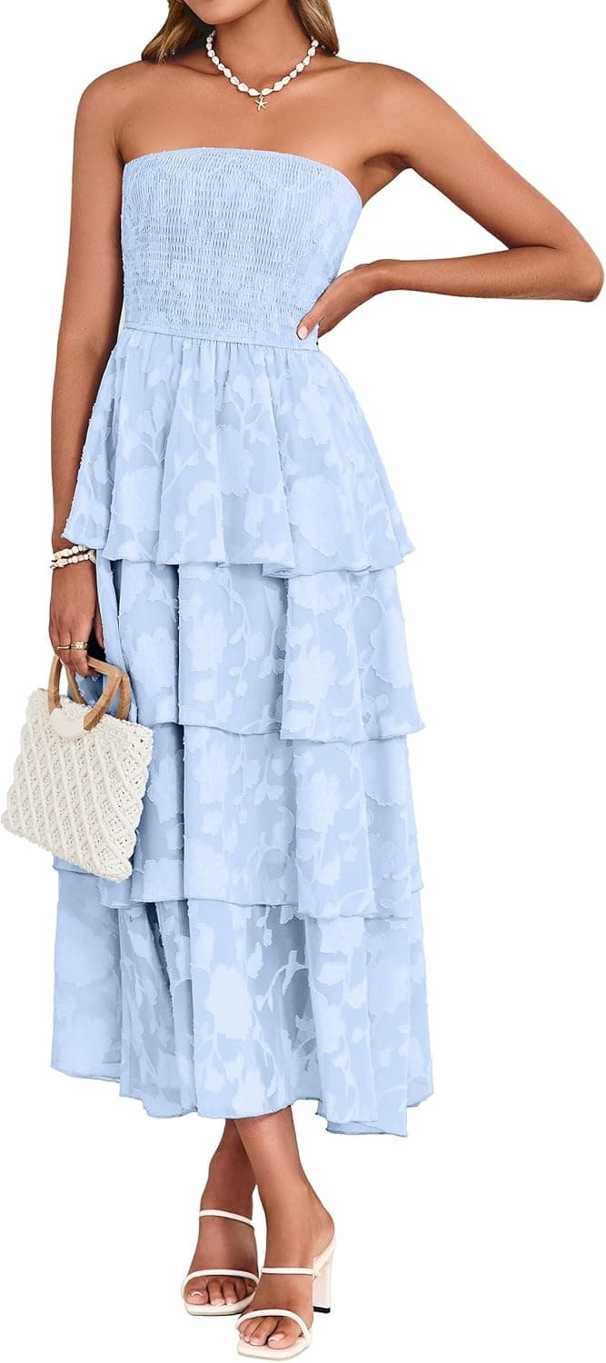 Womens Summer Strapless Maxi Dress 2026 Boho Floral Off Shoulder Wedding Guest Dresses Tiered Beach Long Sundress