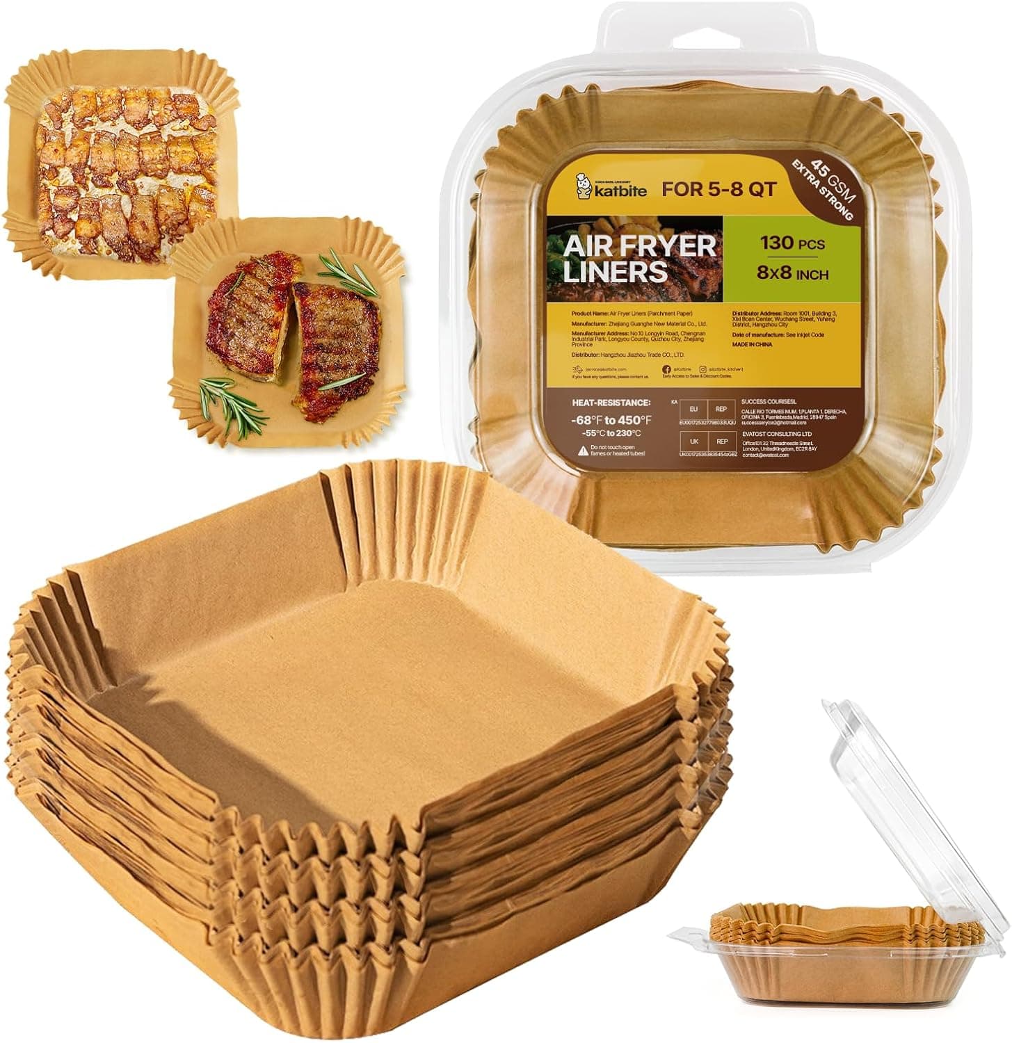 Katbite 130 PCS Air Fryer Liners Parchment Paper 20 cm Square Unbleached | Disposable, Non-Stick, for 5 to 8 Qt Basket; Frying, Baking