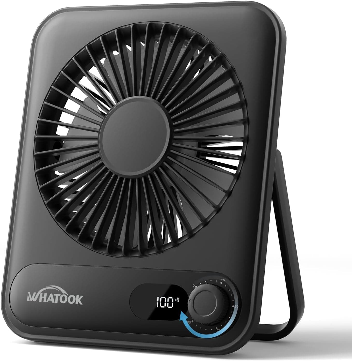 WHATOOK Mini Desk Fan USB: 2000mAh Rechargeable Ultra Quiet 1-100 Speeds Desktop Fans with LED Display, 3-10H Runtime, Child-Safe Grille