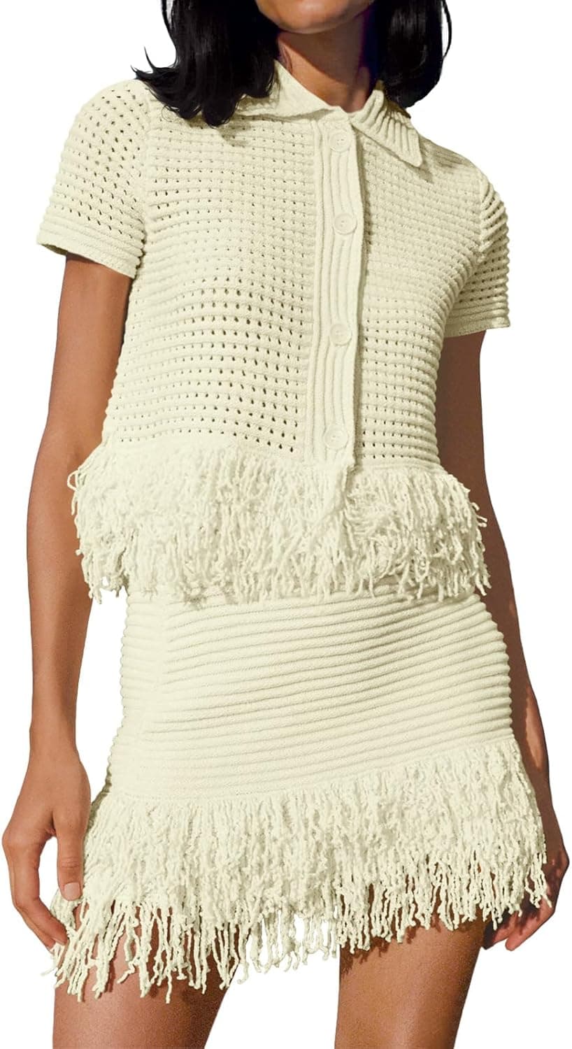 Womens 2 Piece Outfits Crochet Short Sleeve Button Knit Sweater Tops and Fringe Skirt Vacation Sets