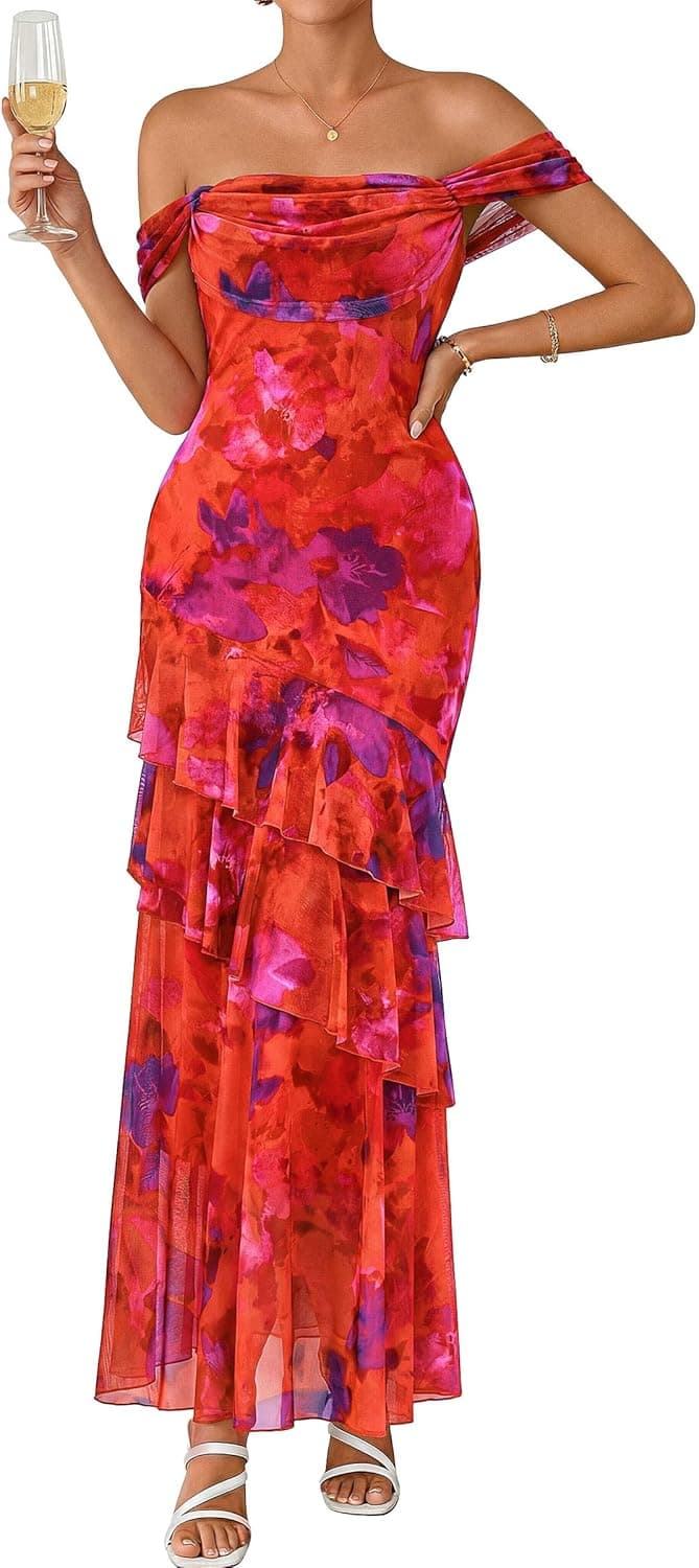 Women's Formal Cocktail Maxi Dresses 2026 Summer Off Shoulder Floral Mesh Bodycon Spring Wedding Guest Dress