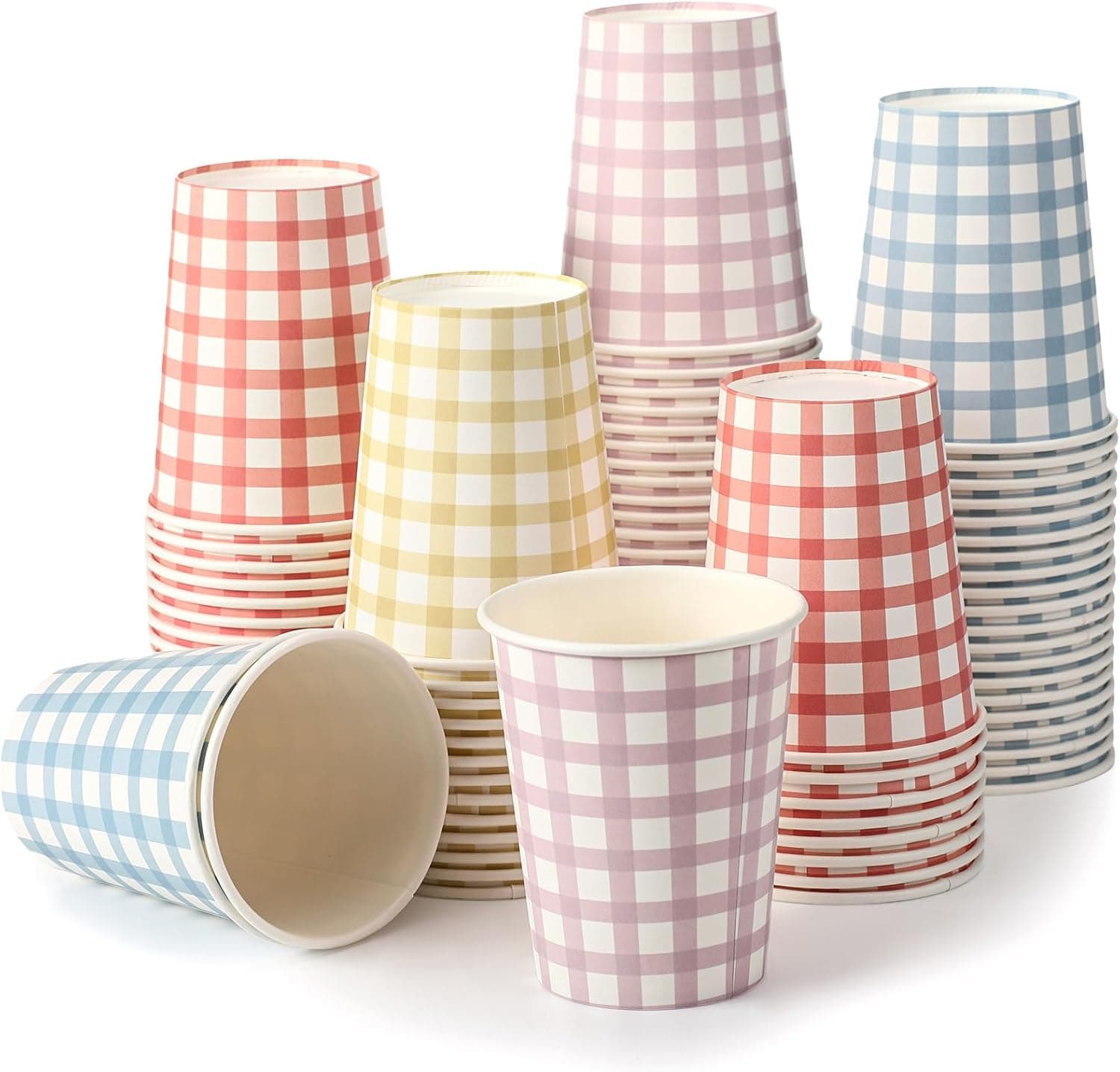 Tioncy 100 Pieces 9 oz Gingham Disposable Paper Cups Drinking Paper Cups Coffee Checkered Birthday Cup Gingham Hot Cold Beverage Drinking Cup for Holiday Picnic Travel Birthday Party, 4 Colors | Gingham, Checkered Cups, Birthday Party, Travel, Picnic