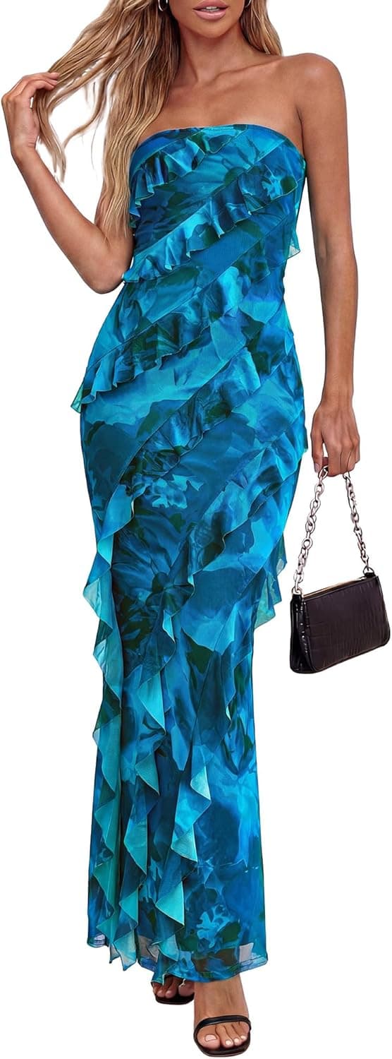 Summer Dresses for Women 2026 Strapless Maxi Ruched Bodycon Floral Ruffle Cocktail Formal Wedding Guest Dress