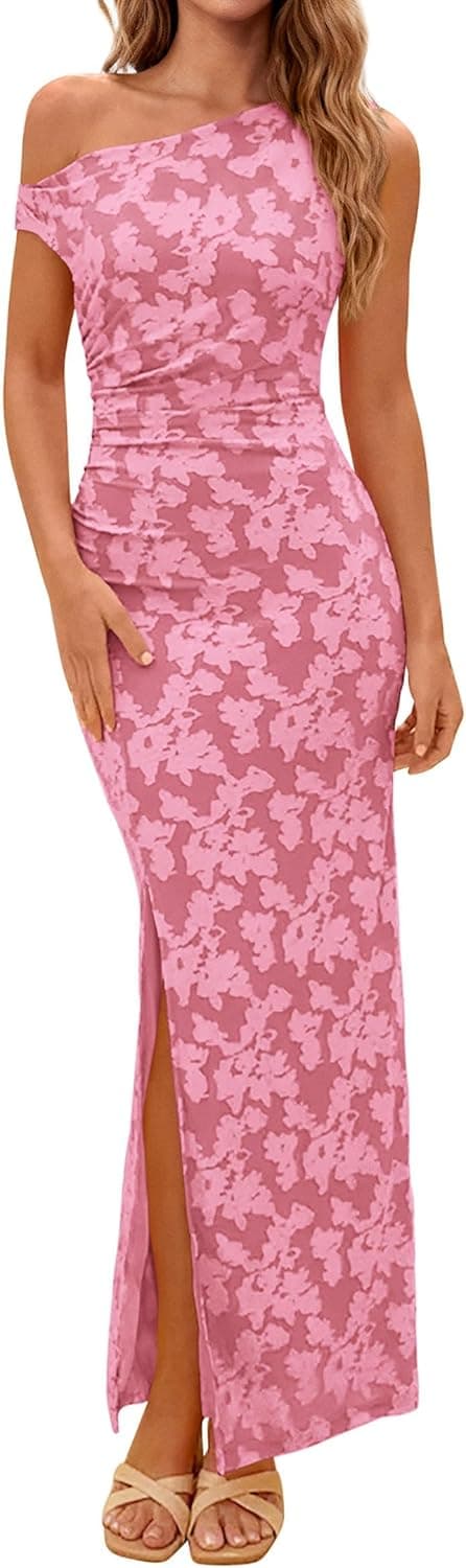 Womens Floral One Shoulder Maxi Dress 2026 Summer Spring Bodycon Ruched Side Slit Elegant Cocktail Party Dresses