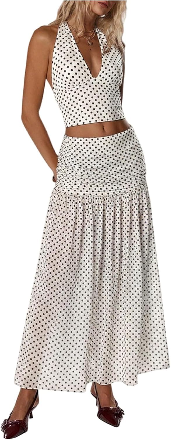 Women's 2 Piece Skirt Sets Polka Dots Halter Crop Tops and Maxi Skirt Party Going Out Outfits