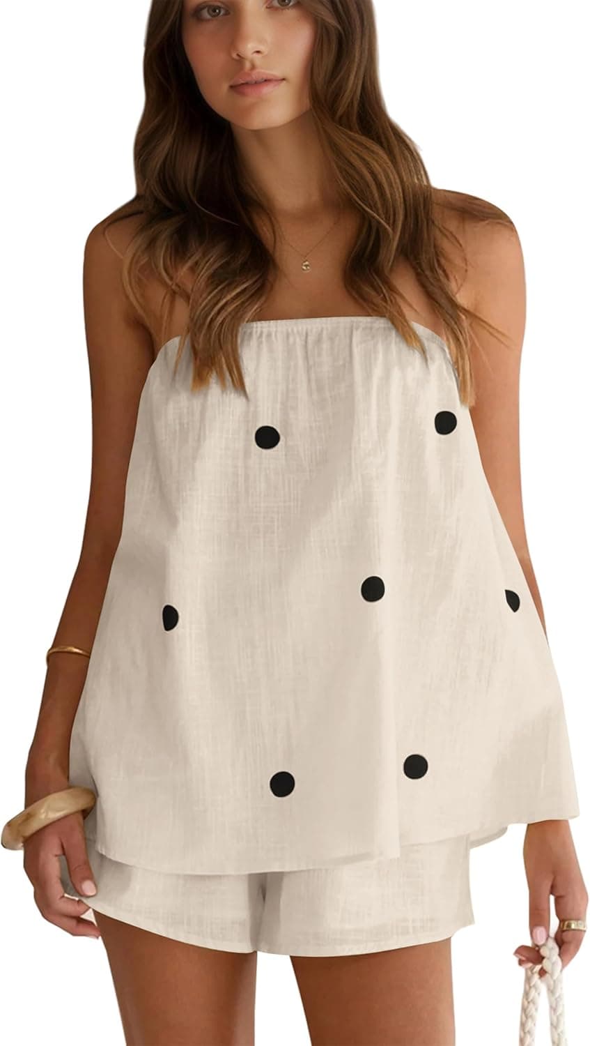 Polka Dot 2 Piece Shorts Set Summer Lounge Sets Strapless Top and Shorts Matching Airport Travel Vacation Outfits