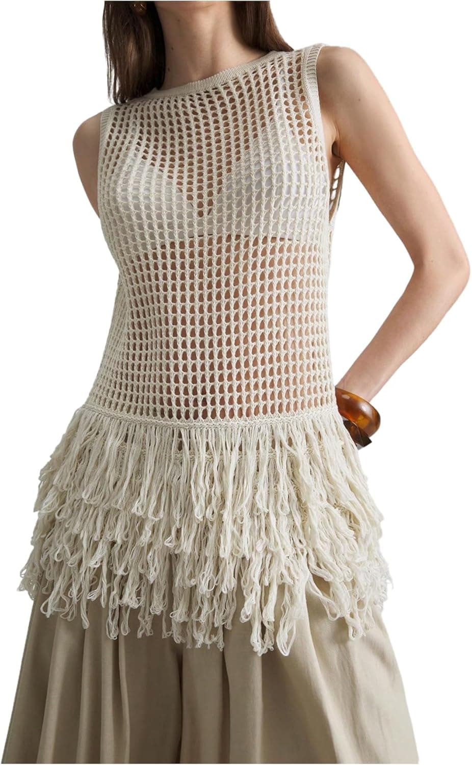Women's Hollow Out Fringe Knitted Tank Top Sexy Sheer Sleeveless Long Sweater Vests