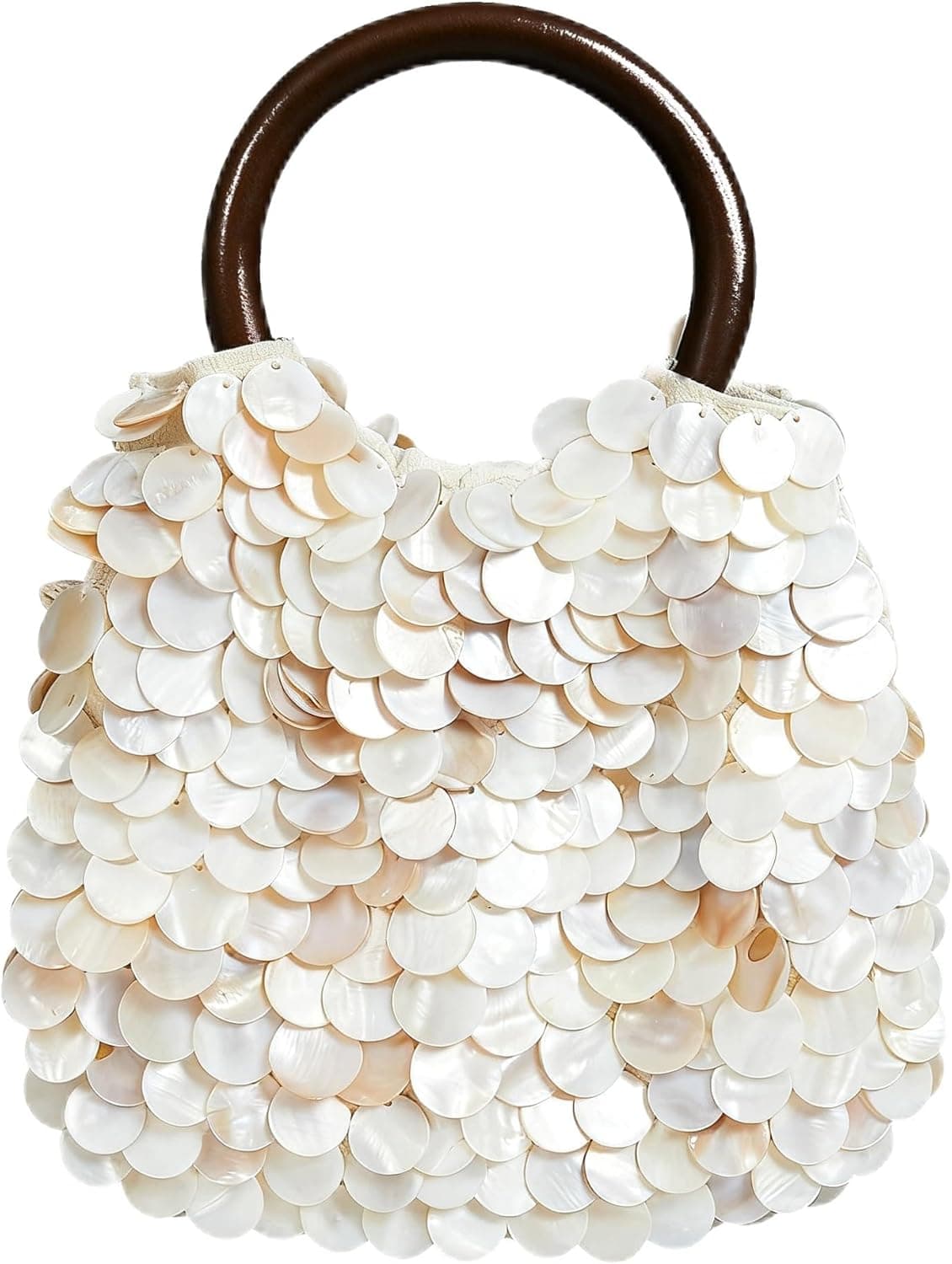 Shell Clutch Handbag Handmade Natural Seashell Purse with Wooden Handle Shell Beaded Bag for Women Beach Party Vacation