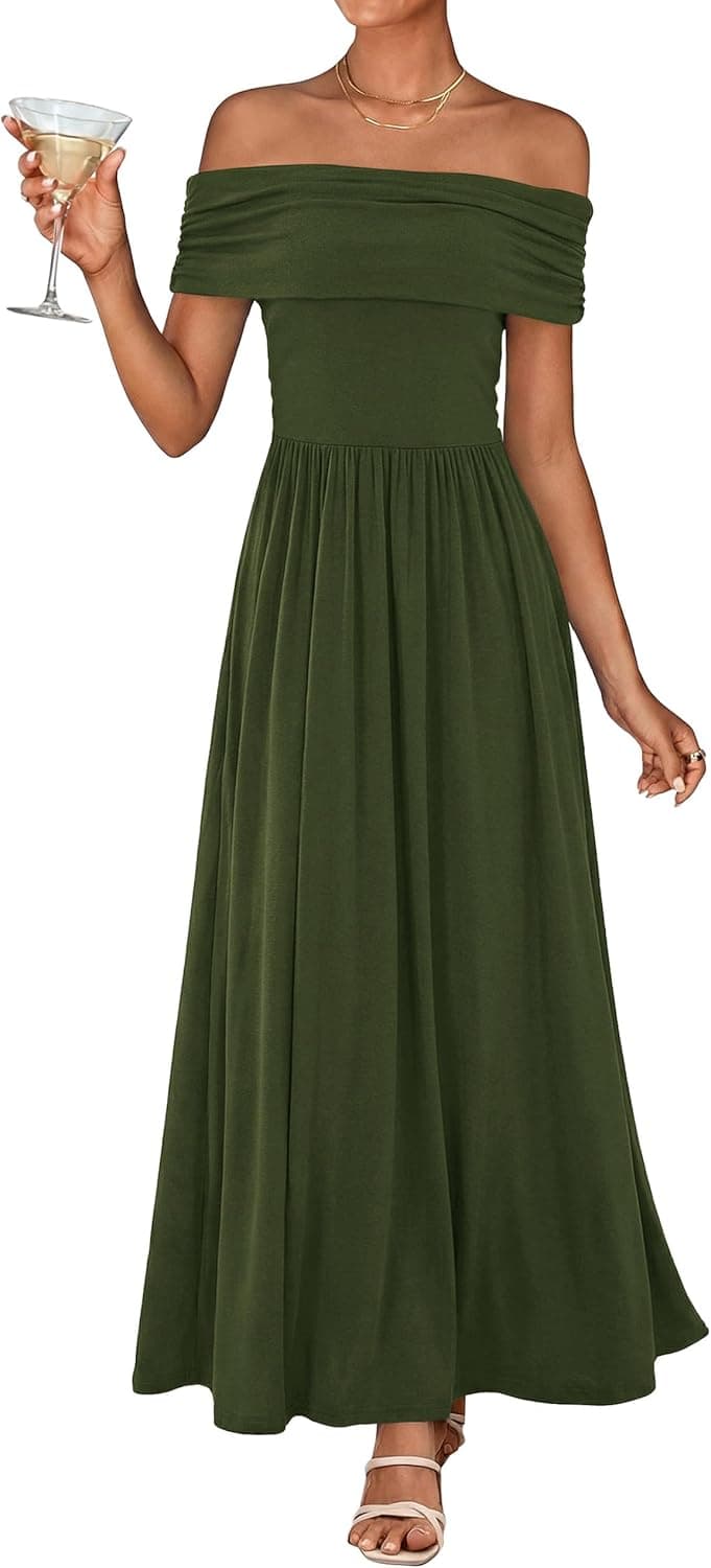 Cocktail Dresses for Women 2026 Summer Off The Shoulder Ruched Pleated Long Flowy Formal Party Maxi Dresses Pockets