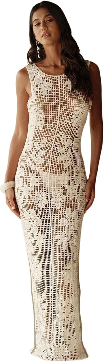 Women's Floral Crochet Sheer Cover Up Maxi Beach Dress Hollow Out Sleeveless Coverups