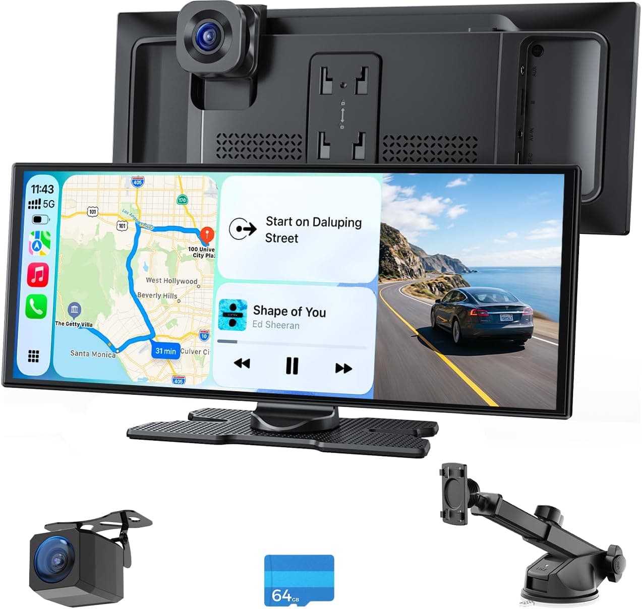 10.25" Wireless Carplay Screen with Rear AI BSD for Apple Car Play & Android Auto, 4K Dual Dash Cam, Portable 60FPS 1920 * 720 Fully
