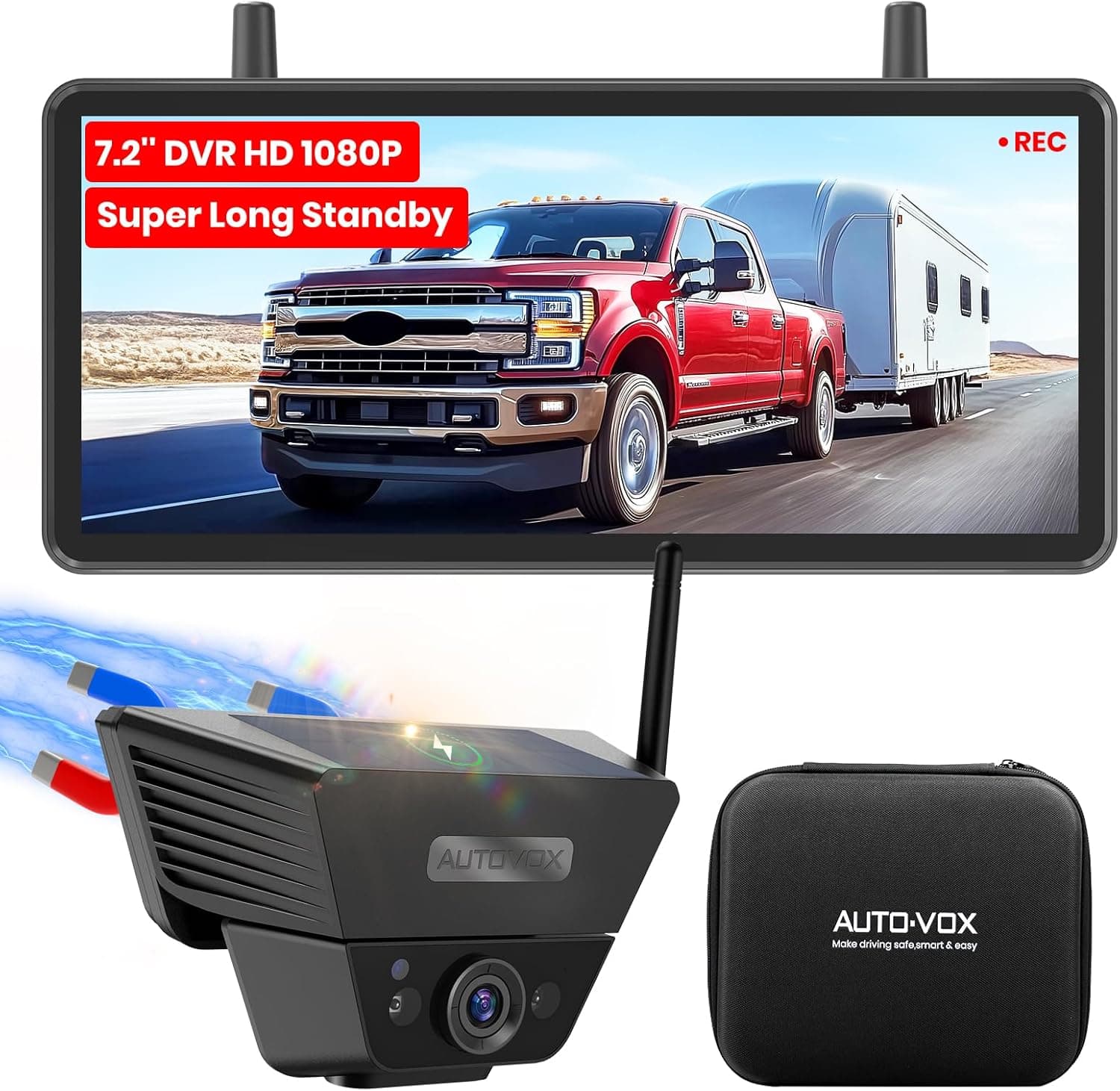 AUTO-VOX Solar Wireless Reversing Camera for Car,Van &Motorhome: 7.2" HD Screen, 1-Min Install,1080P Night Vision,Waterproof Reverse