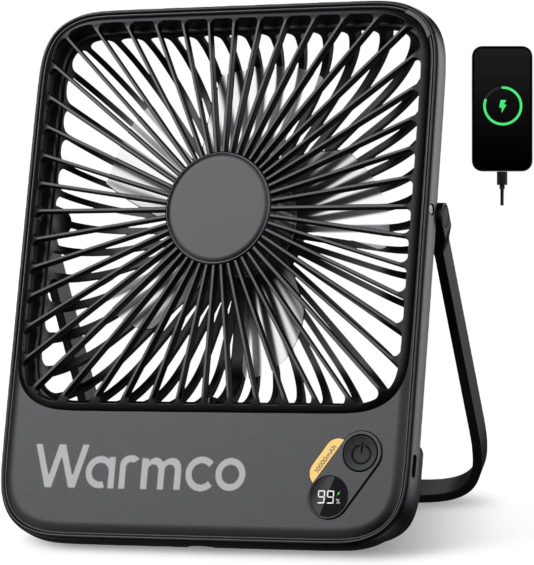 Warmco D3 Portable Rechargeable Desk Fan 10000mAh, Quiet, 24H Runtime | Ultra-Slim 4-Speed Fan, LED Display & Foldable Stand For Bedroom