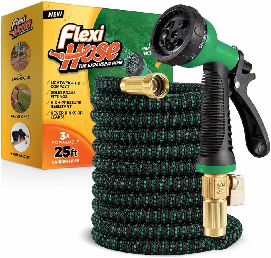 with 8 Function Nozzle, 25FT - Lightweight Expandable Garden Hose, No-Kink Flexibility, 3/4 Inch Solid Brass Fittings and Double Latex Core - Black and Green