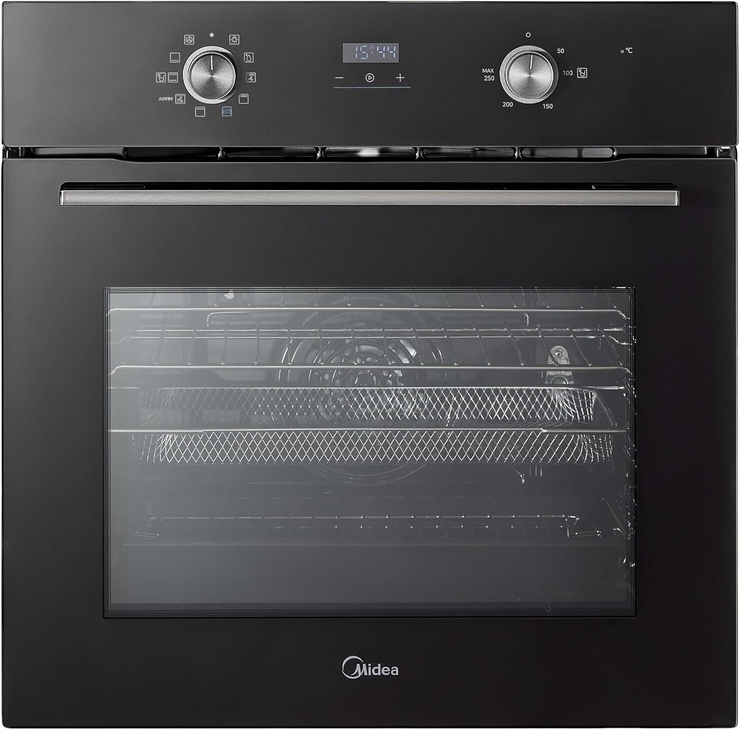 Midea 71L, 60cm Wide, Single Electric Built-in Fan Oven with Air Fry, 12 Oven Functions, Aqua Clean, LED Display, Convection, ECO