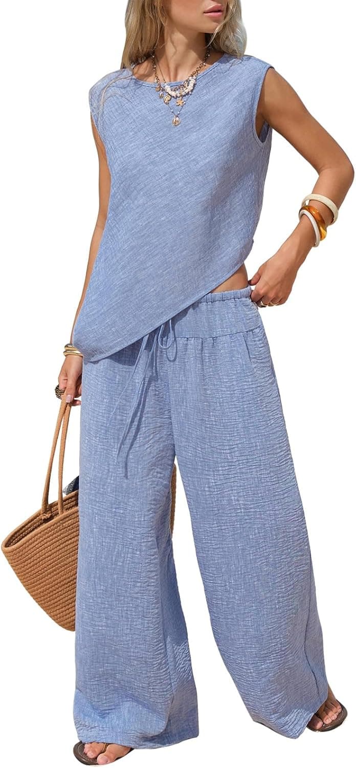 Womens Summer Two Piece Sets Cotton Asymmetrical Tank Tops Wide Leg Pants Set Faux Linen Beach Vacation Cruise Outfits