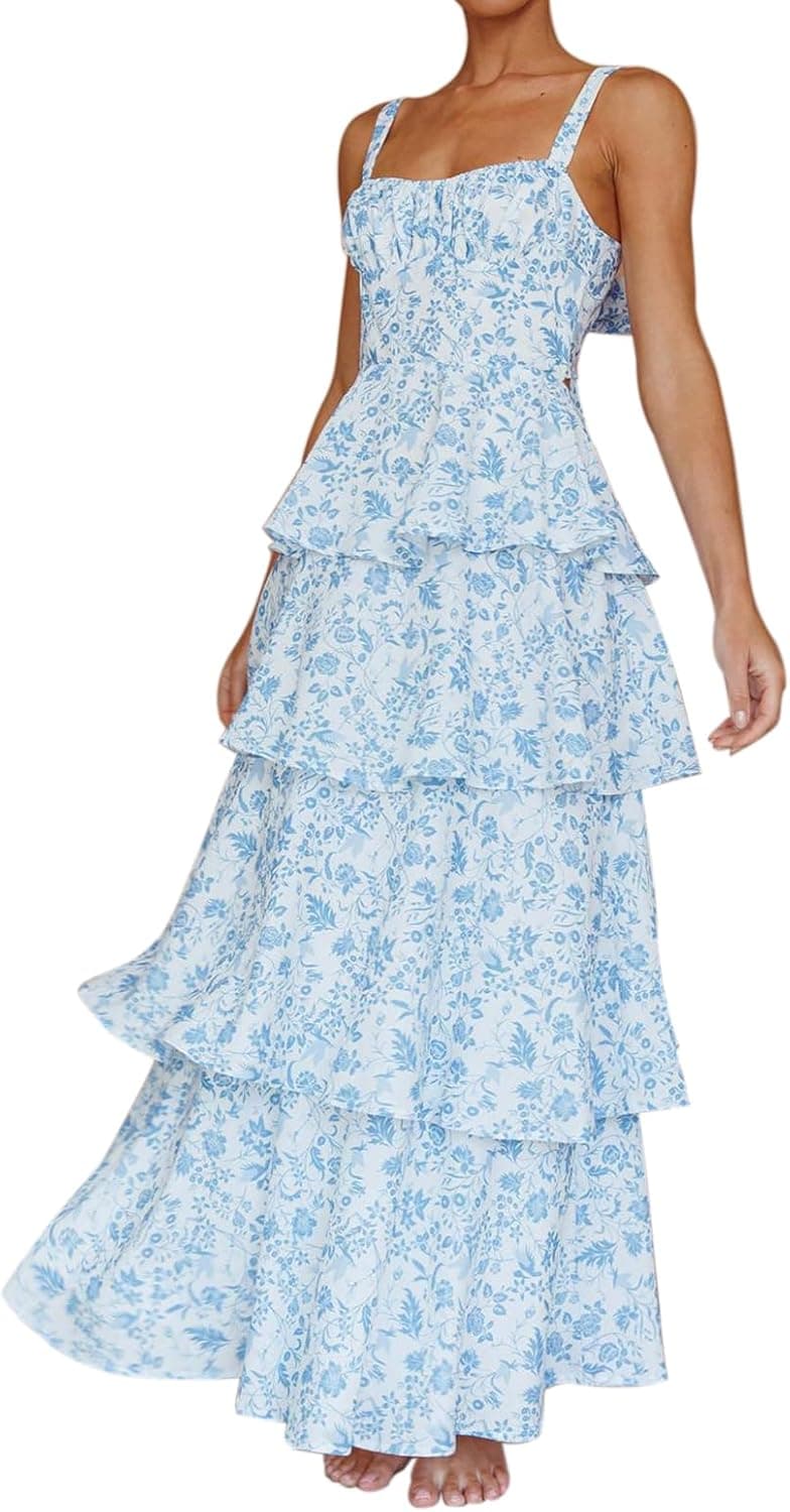 Women Floral Maxi Dress Sleeveless Bow Back Tiered Boho Flowy Long Dresses Summer Fall