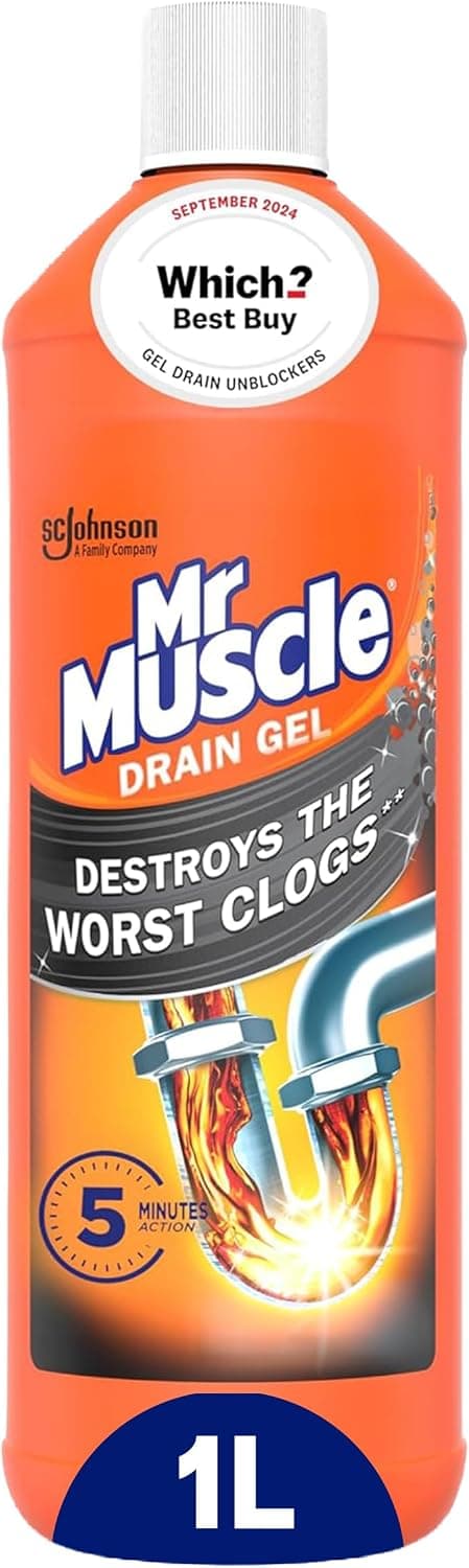 Mr Muscle Drain Unblocker 1L, Heavy Duty Fast Acting Gel Sink Unblocker | Fast-acting 1L drain gel clears stubborn clogs quickly with a