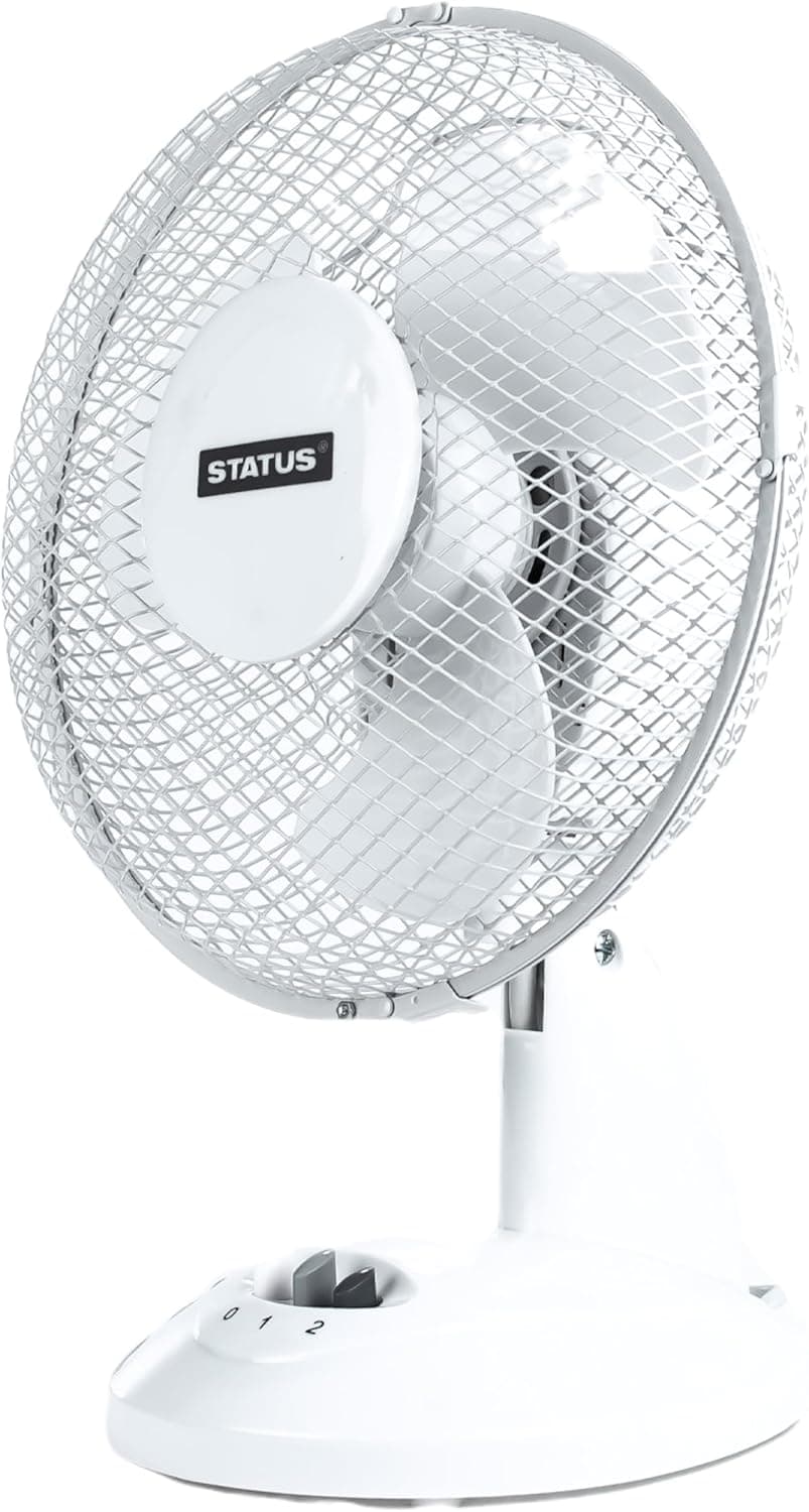 Status 9 Inch Oscillating Desk Fan with 2 Speed Settings, Adjustable Tilt Portable Cooling Fan for Desk, Bedside and Home Office, White