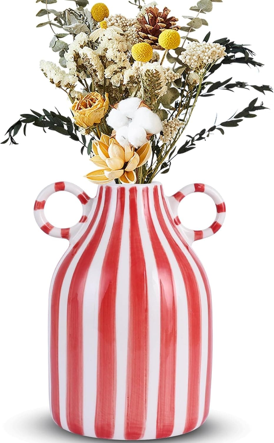 LCCCK Red and White Ceramic Vase, Mid Century Modern Striped Small Vases for Flower&Pampas Grass Centerpiece, Red White Checkered Vase for Dining Table Kitchen Tabletop Minimalist Decorative
