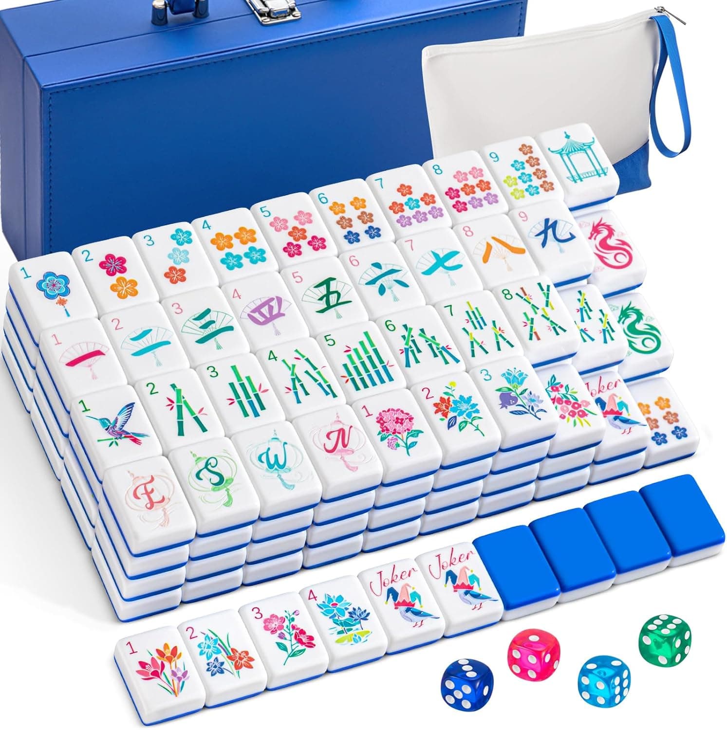 Soulchen 1.2 Inch Acrylic Blue American Mahjong Set 168 Blossom Numbered Tiles, Tiles Bag and Portable Case Classic Complete Mahjong Set for Adult Collection Gift
