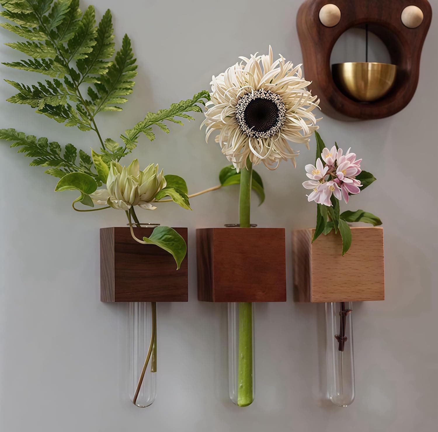 Mini Vase Magnets for Fridge,3PCS 3D Magnetic Wooden Wall Vase Holders with Test Tube, Magnetic Attachment Hard no Falling, Modern Home，for Kitchen, Refrigerator, Bedroom, Storage, Office Decorations