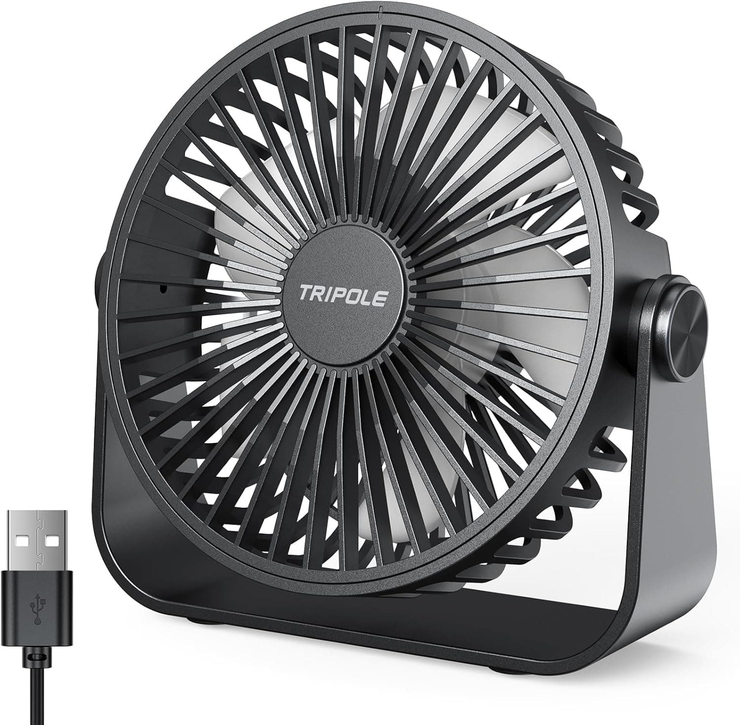 TriPole USB Desk Fan, 3 Speeds Adjustable Strong Wind Table Fan, 360° Head Rotatable 1.5 m Cable Personal Desktop Fans, 4.5 Inches Portable